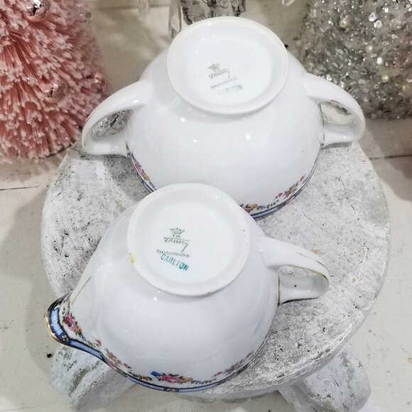 TK Thuny CARLTON Sugar Bowl & Creamer Set - Czechoslovakia Thun Roses Blue Rim - Picture 7 of 10
